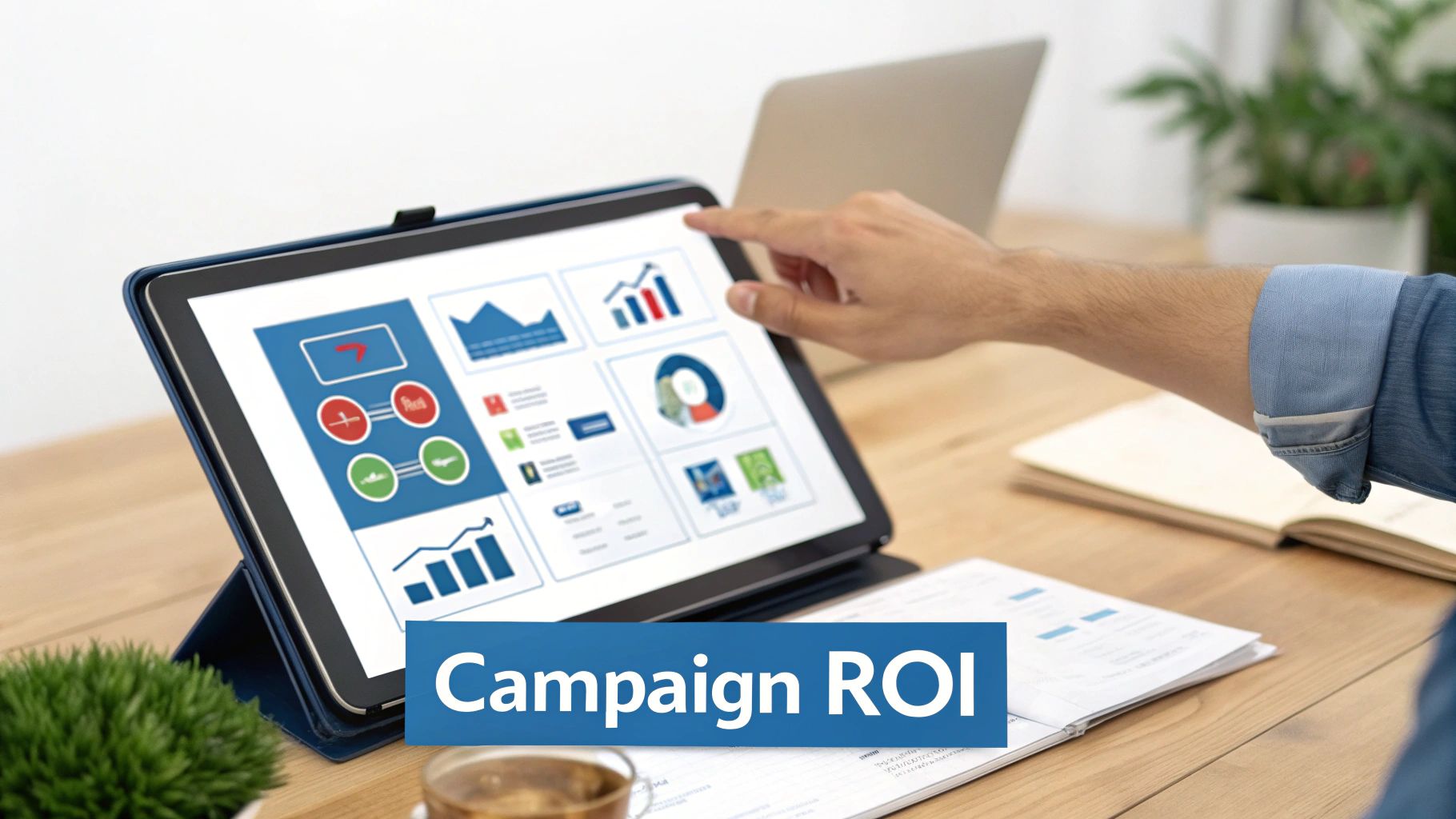 Business professional reviewing campaign ROI analytics dashboard with charts and graphs on tablet device