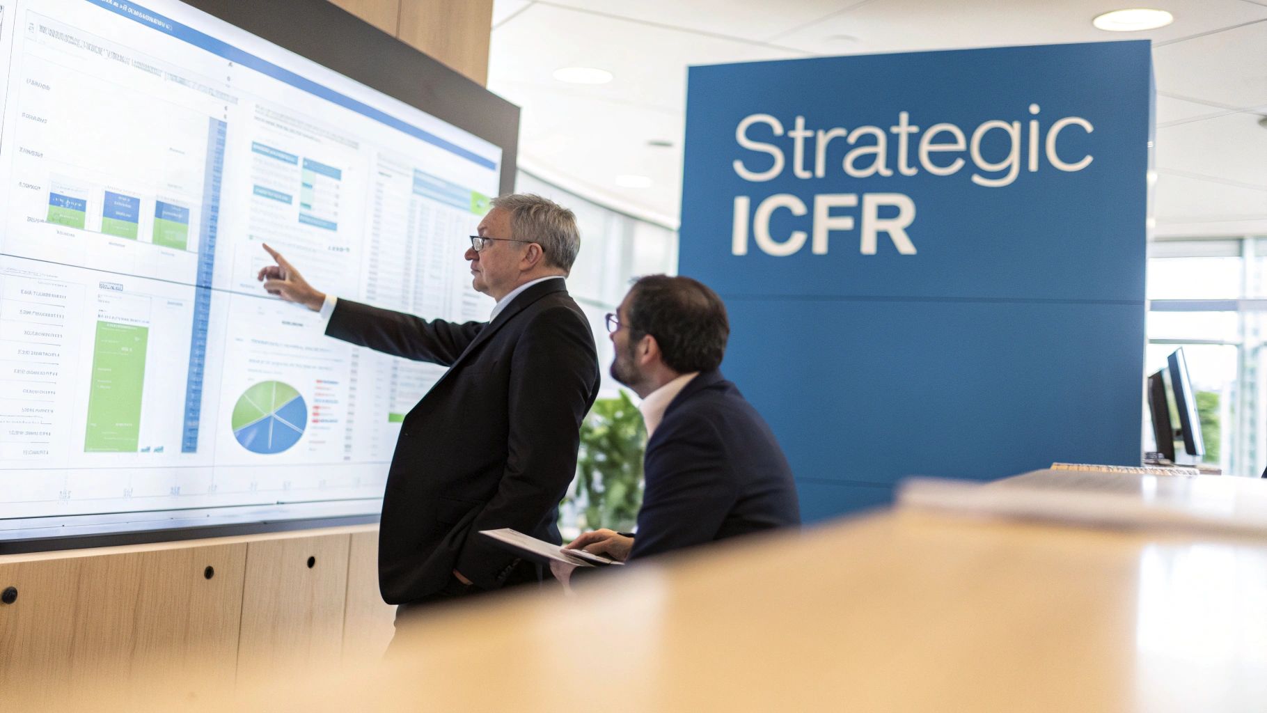 Business professionals reviewing strategic ICFR data dashboards and analytics on large display screen