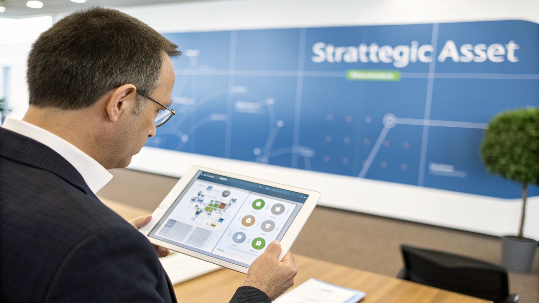 A businessman in a suit reviews data on a tablet, with 'Strategic Asset' visible in the background.