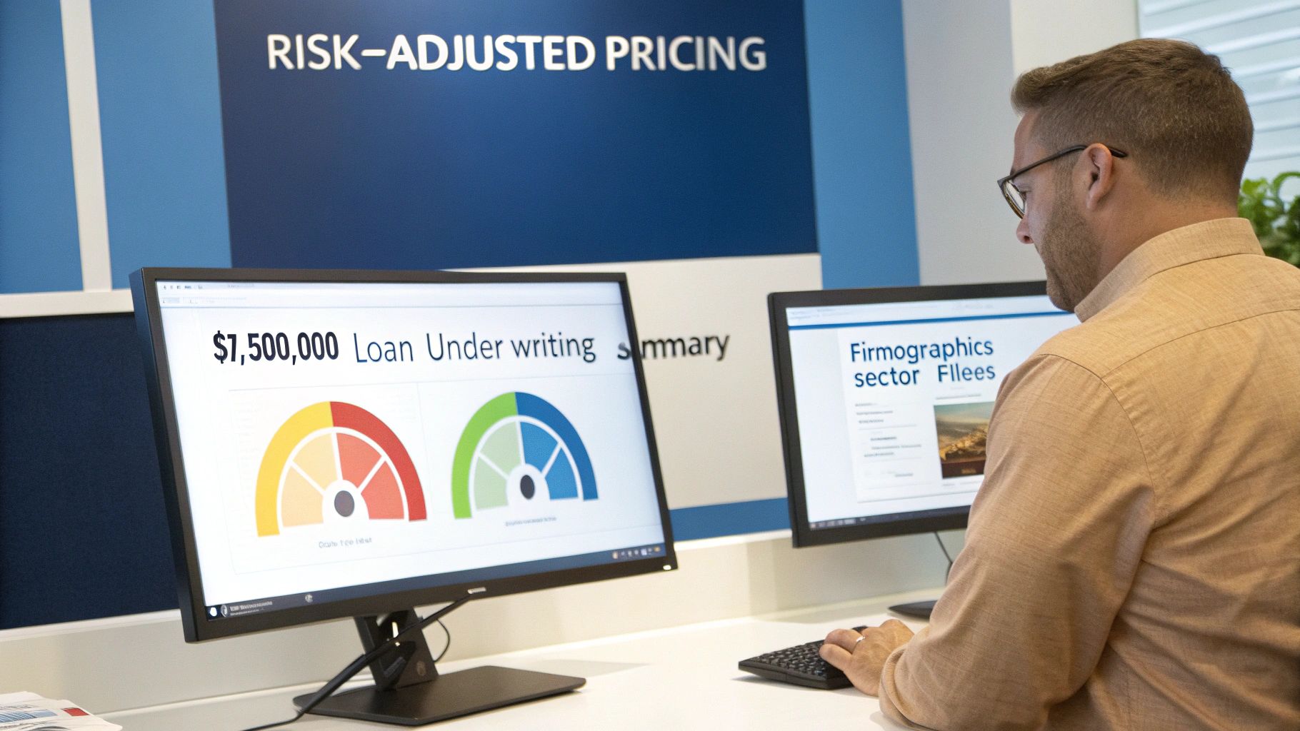 A man in an office analyzes financial data on computer screens with a 'Risk-Adjusted Pricing' sign.