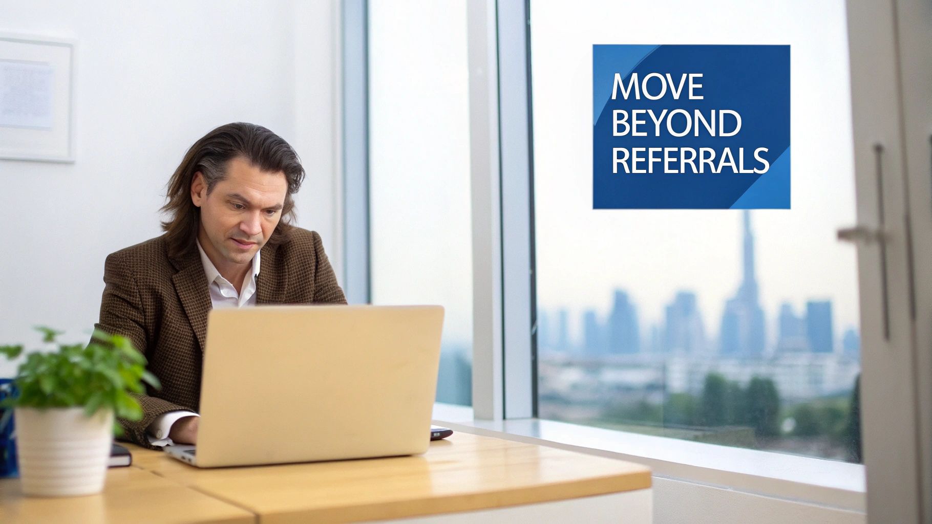 A man with long hair works on a laptop in an office with a city view and a 'MOVE BEYOND REFERRALS' sign.
