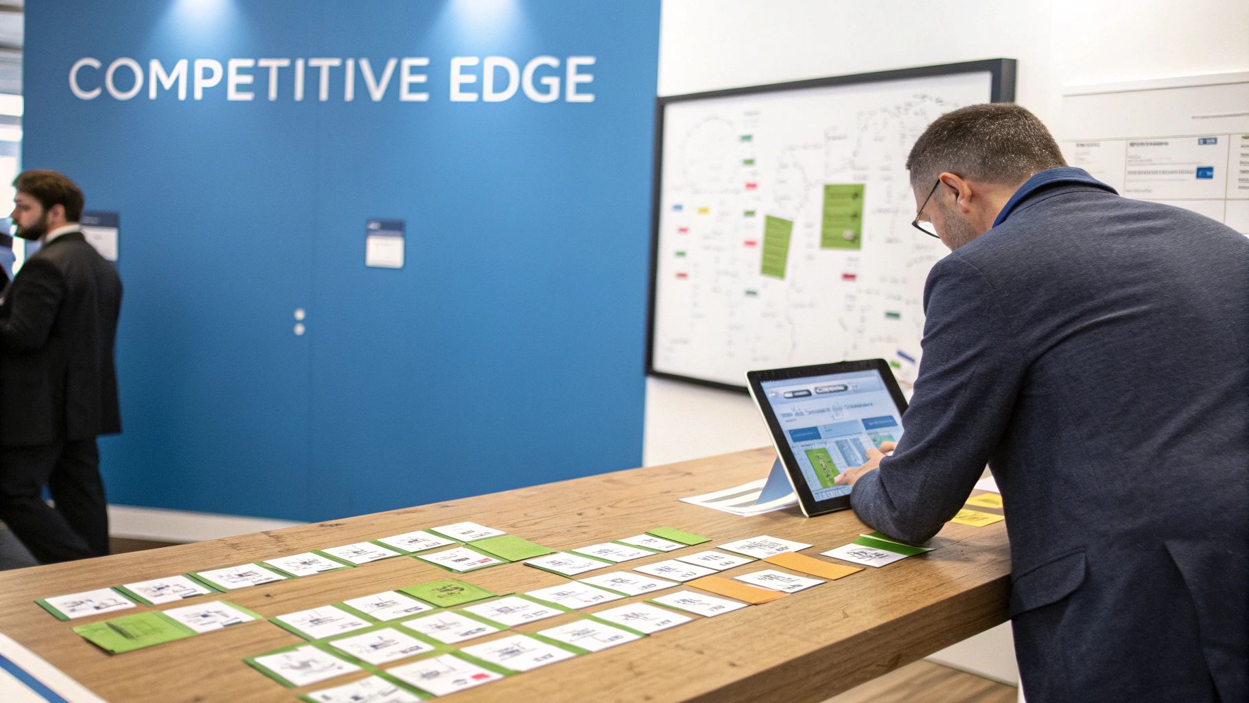 A man interacts with a tablet and cards on a wooden table during a business strategy session.