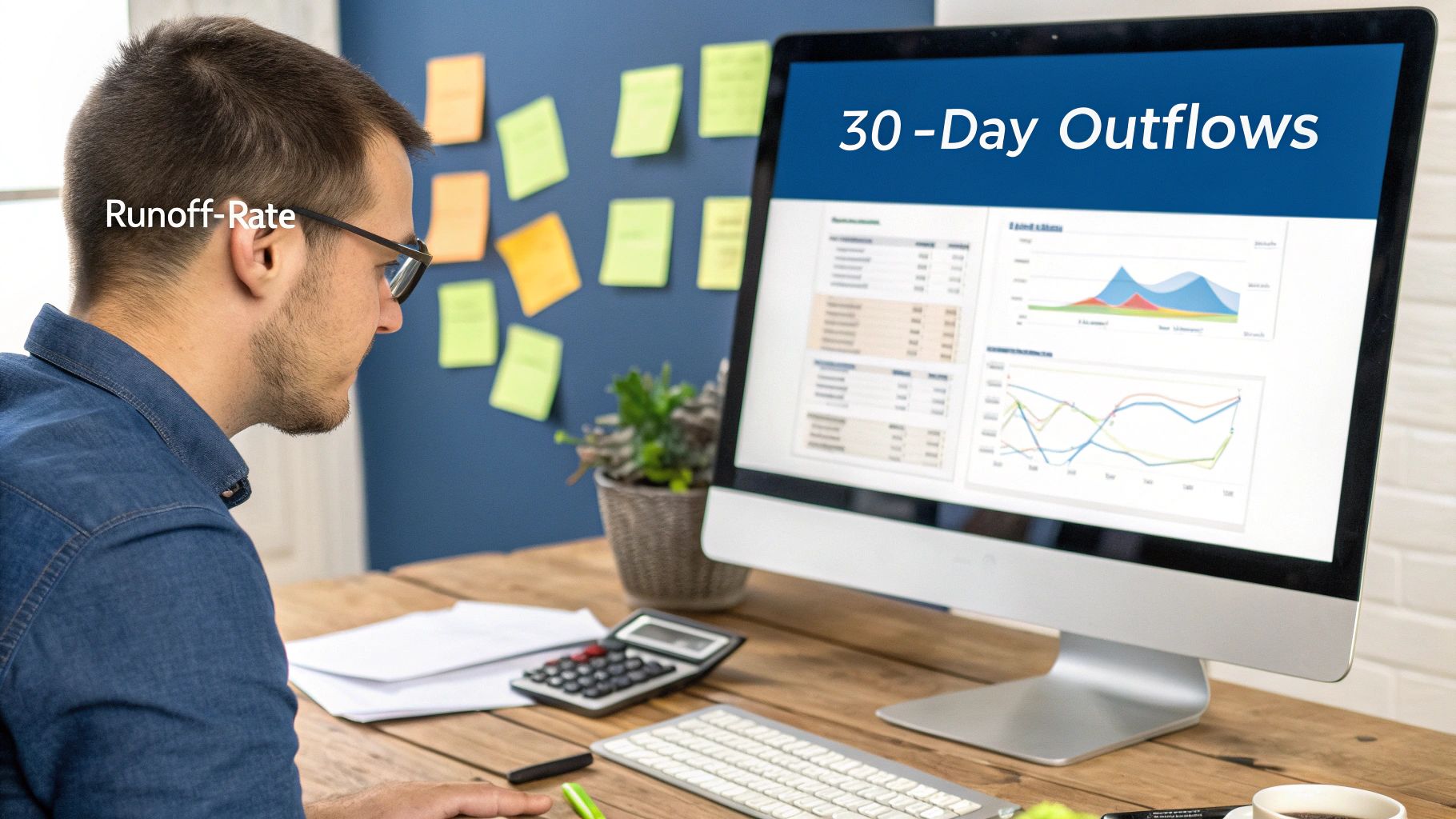 A man analyzing financial data and charts on a computer screen displaying '30-Day Outflows' and 'Runoff-Rate'.