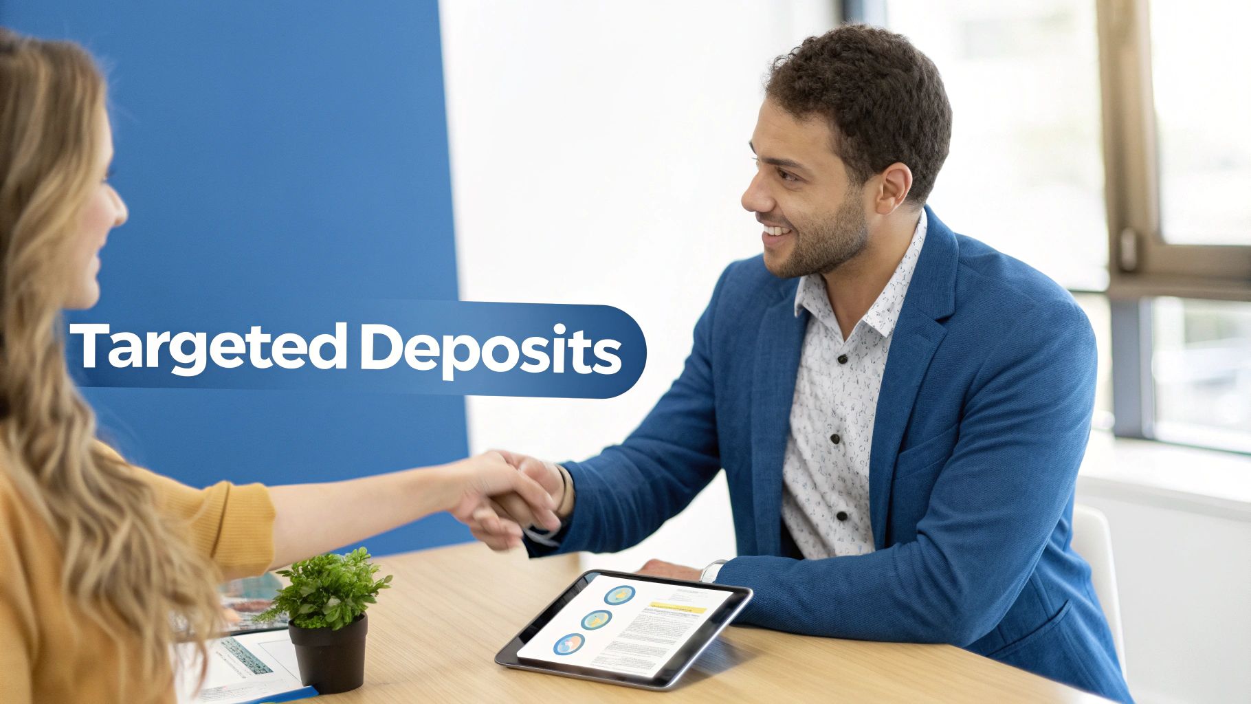Smiling man and woman shake hands during a business meeting, with "Targeted Deposits" text overlay.
