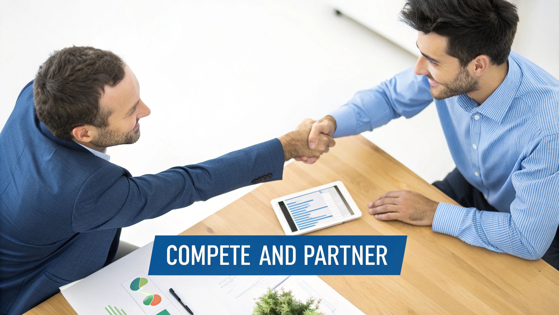 Two smiling businessmen shaking hands across a table with documents and a tablet, signifying a deal.