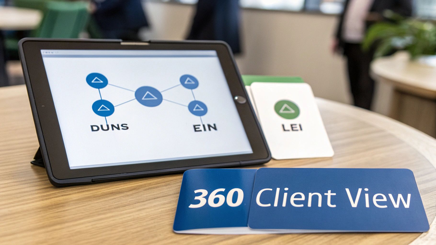 A tablet displays a network diagram with DUNS and EIN, alongside cards showing LEI and 360 Client View.
