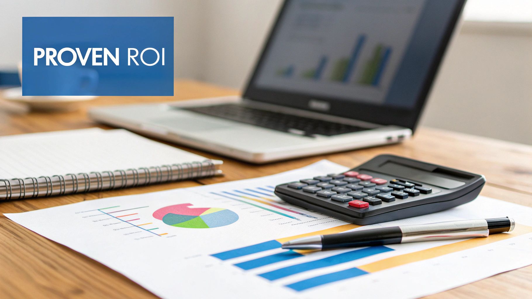 Business desk with laptop, calculator, charts, and graphs showing proven ROI for reporting software