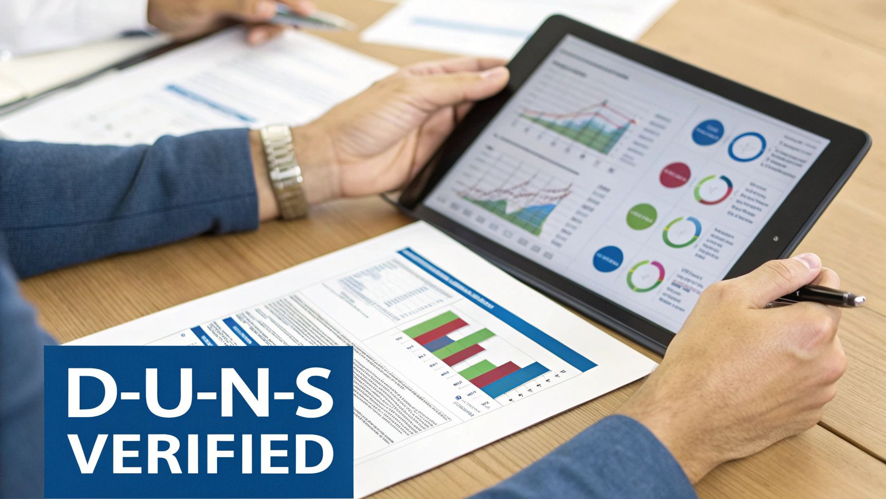 Hands of a person reviewing financial data and charts on a tablet and paper documents, with a D-U-N-S Verified logo.