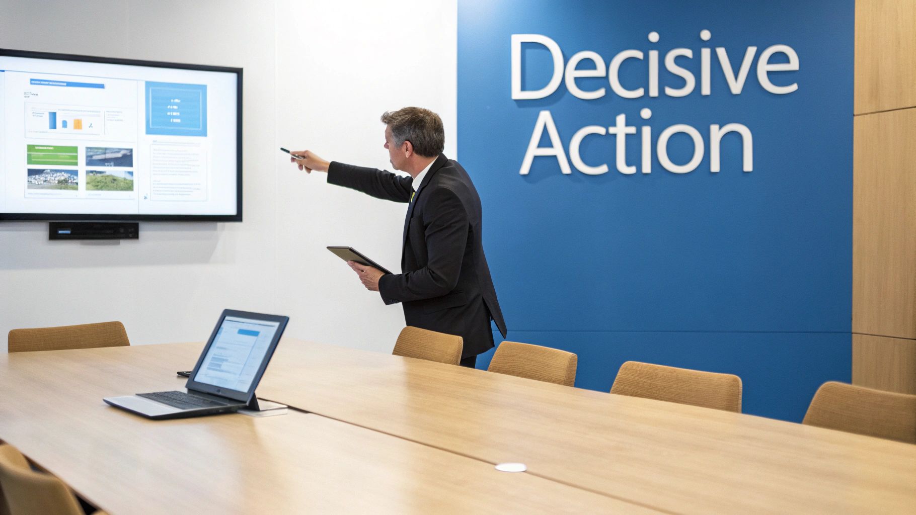 A businessman points at a large presentation screen in a modern conference room, showing data and images.