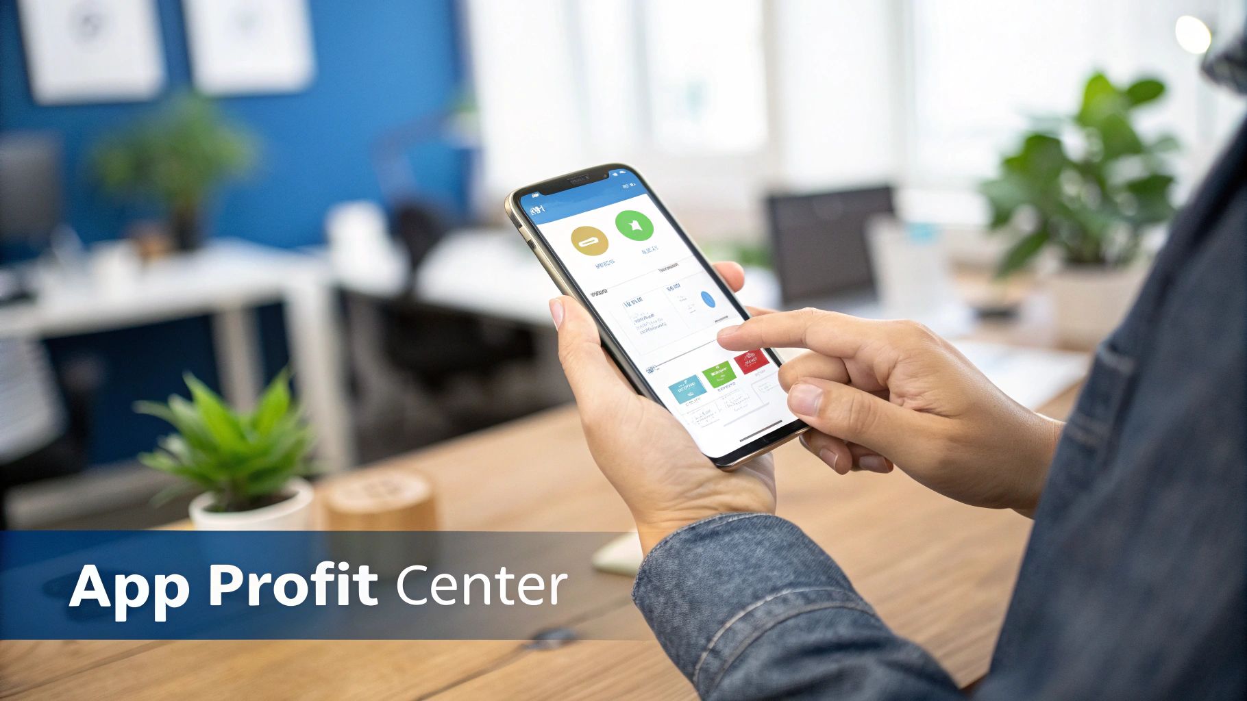 Hands holding a smartphone with a financial profit app in a modern office setting.