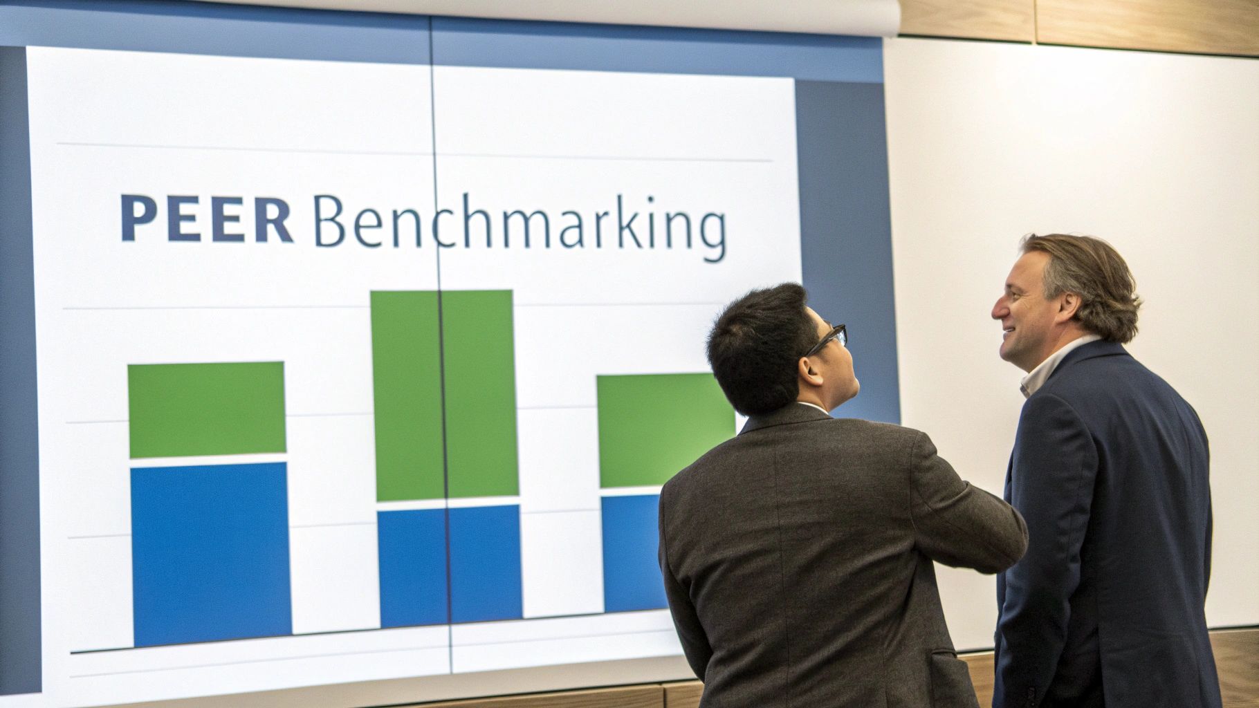 Two businessmen discuss a bar chart titled 'PEER Benchmarking' during a presentation or meeting.