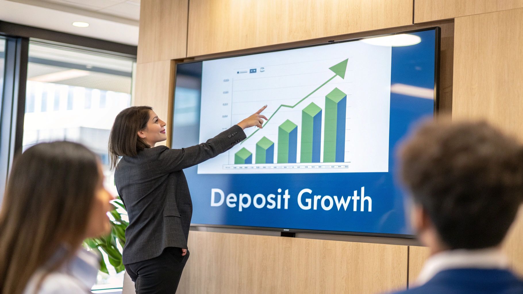 A businesswoman points at a large screen showing a "Deposit Growth" chart with an upward trend to colleagues.