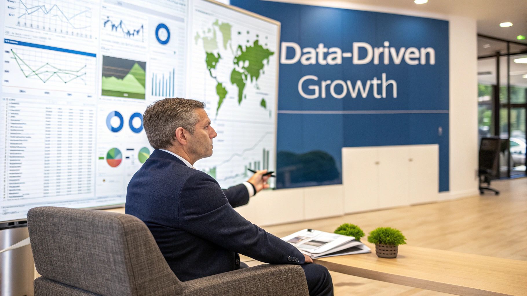 Man presenting data charts and a world map on screen in a 'Data-Driven Growth' office.