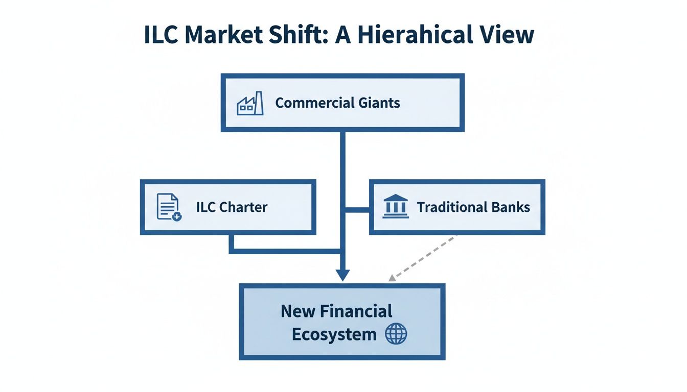 Hierarchical diagram illustrating the ILC market shift from commercial giants, ILC charters, and traditional banks to a new financial ecosystem.