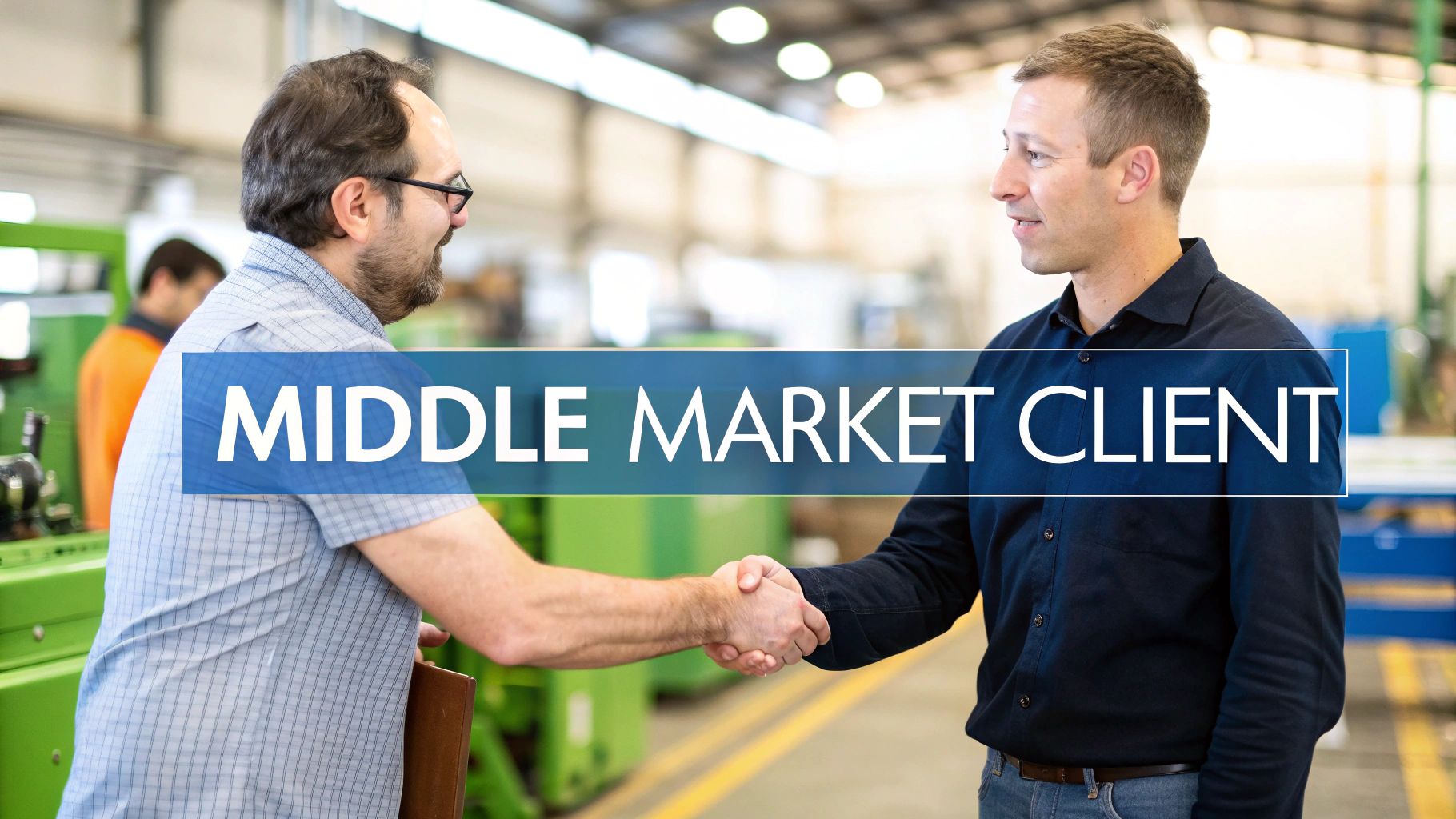 Two men shake hands in an industrial setting, with a "MIDDLE MARKET CLIENT" overlay.