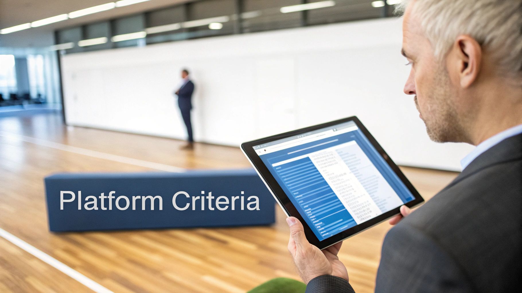 Man reviewing a tablet with "Platform Criteria" text on a blue bench in a modern office.