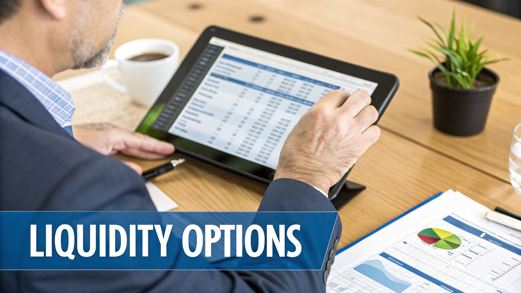 A person in a suit reviews financial data on a tablet, with coffee and documents on a desk.