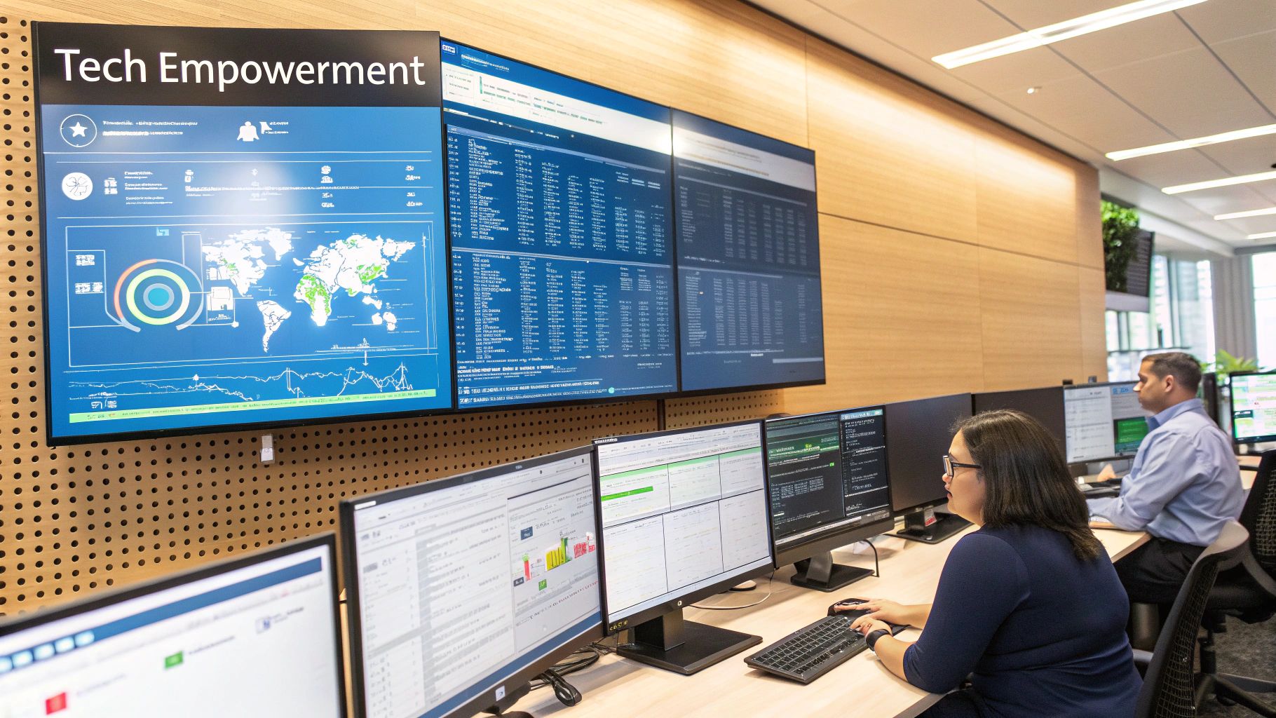 An integrated dashboard showing various banking data points, representing a powerful technology stack