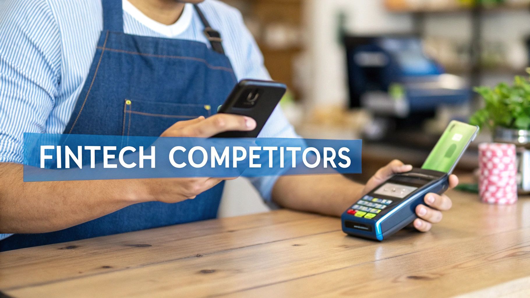 Person using a smartphone and a POS terminal with a credit card, showcasing fintech competitors.