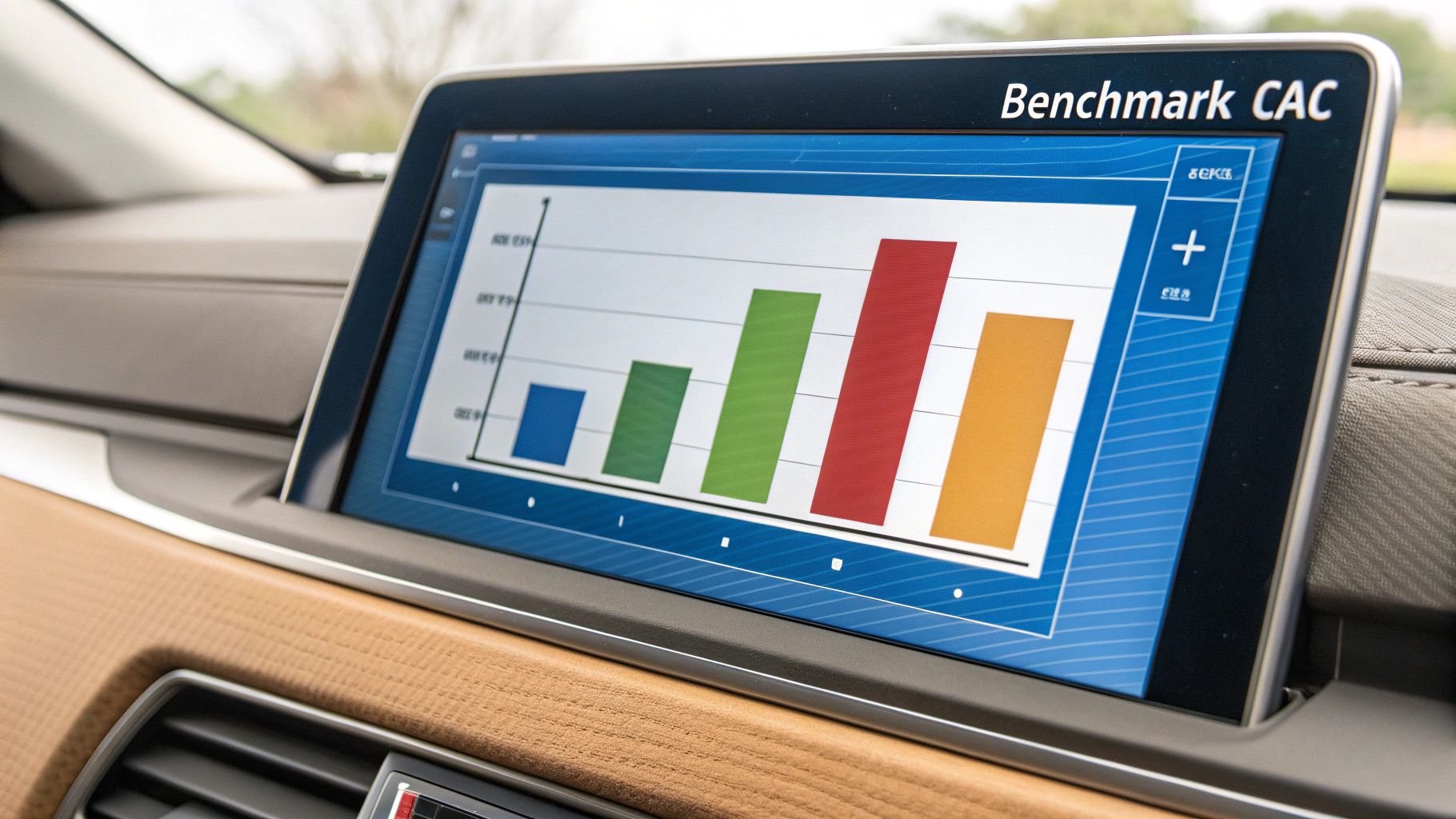 A side-by-side bar chart on a tablet screen, comparing the customer acquisition cost of a user's bank against several anonymized competitor banks.