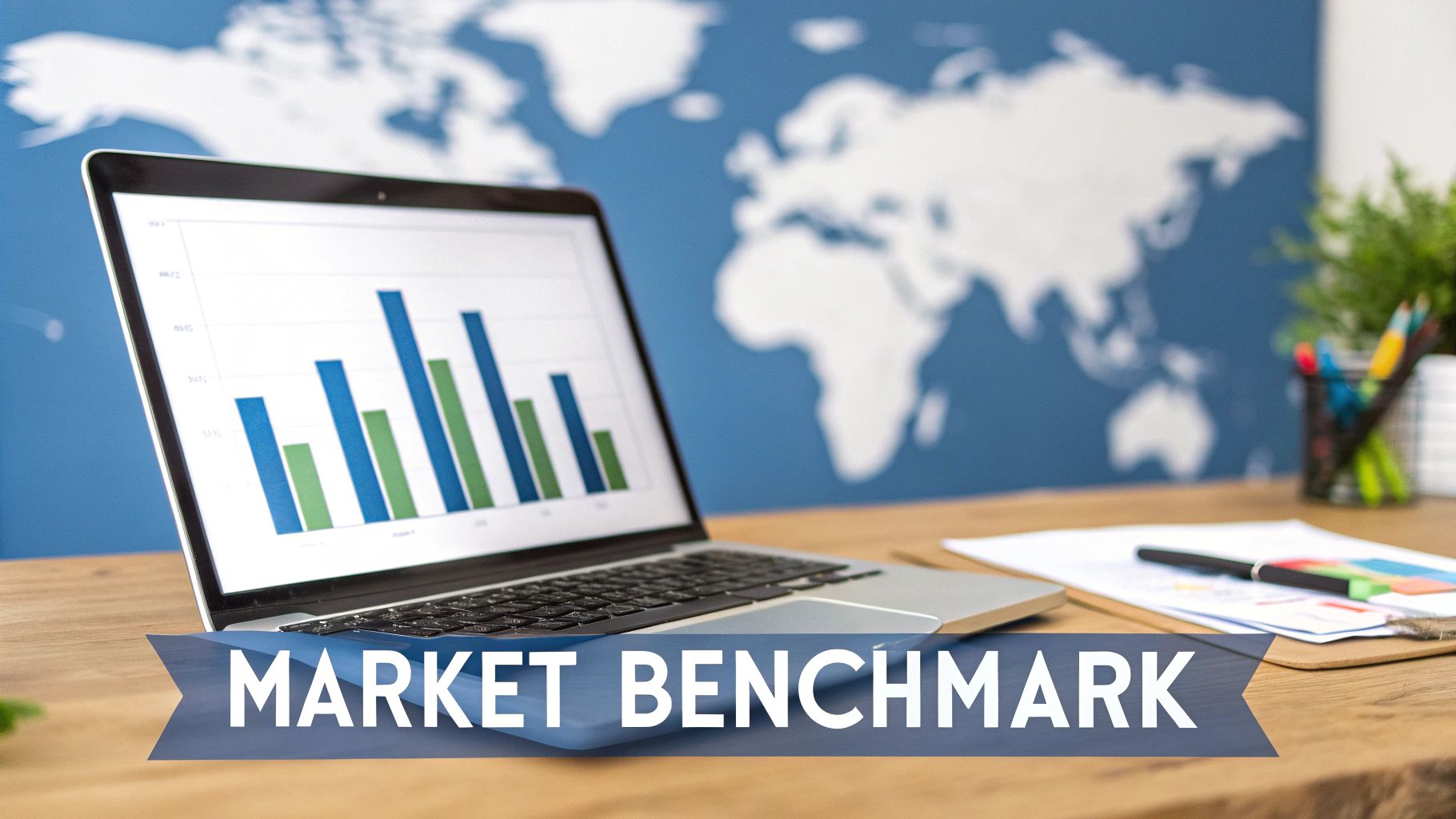 A laptop displaying a bar chart, with a world map in the background, and 'MARKET BENCHMARK' text overlay.