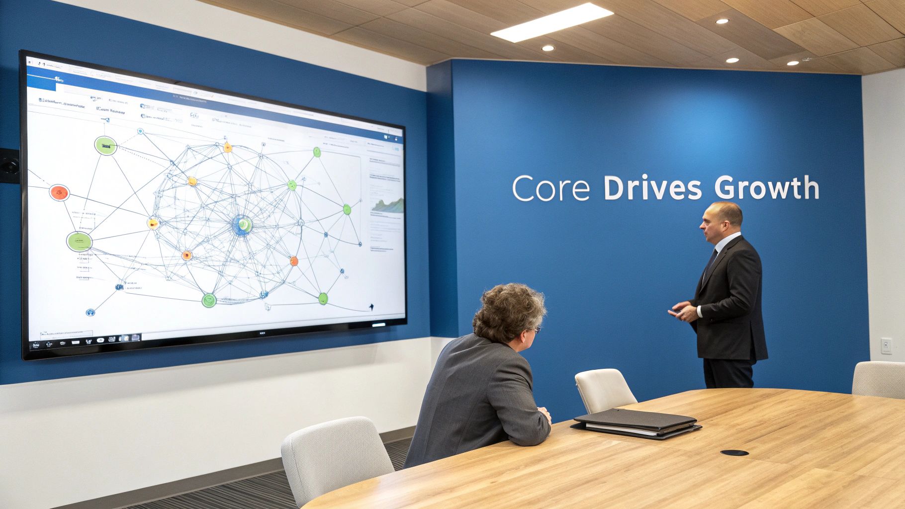 A team of executives in a modern office, collaboratively reviewing charts and data on a large screen, symbolizing strategic decision-making.