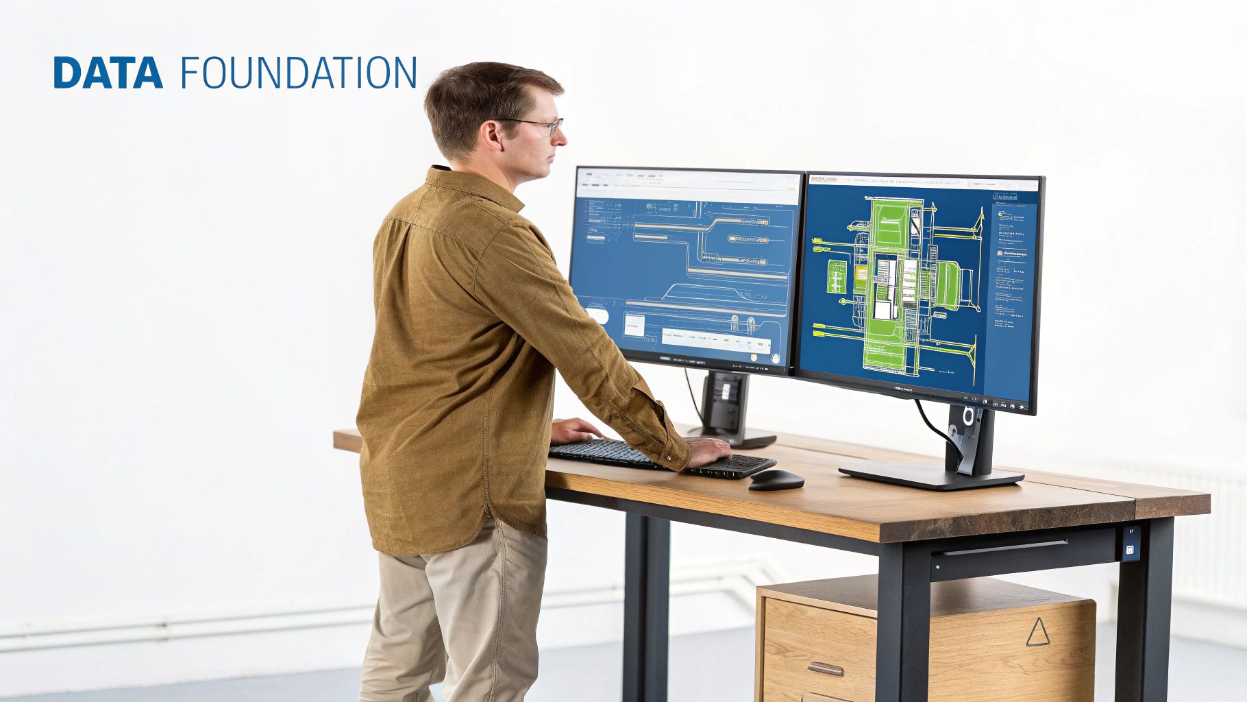 A man in glasses stands at a desk, looking at two monitors displaying technical data and diagrams.
