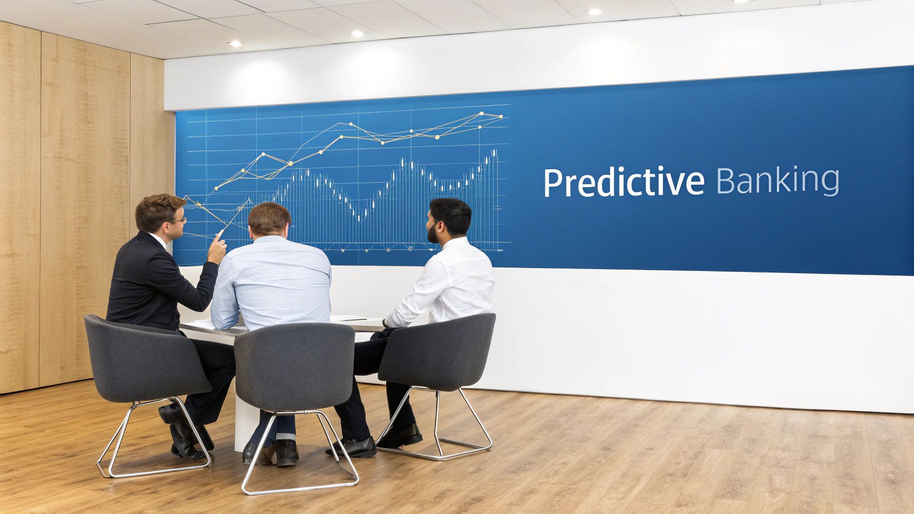 Three men in a modern office discuss financial data and 'Predictive Banking' on a large display.