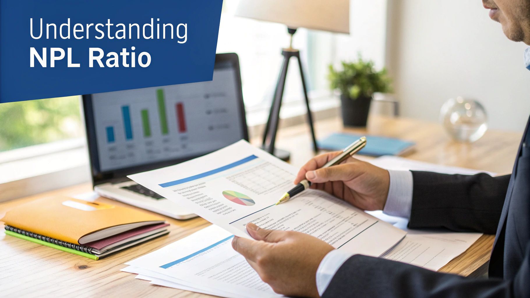 A bank executive reviewing financial charts on a tablet, symbolizing the analysis of non performing loans.