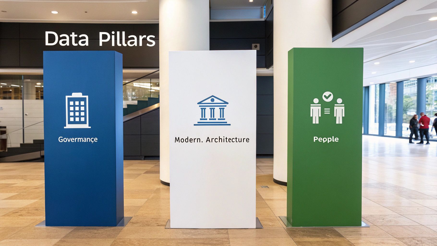 Three prominent data pillars—Governance, Modern Architecture, and People—stand tall in an office lobby.