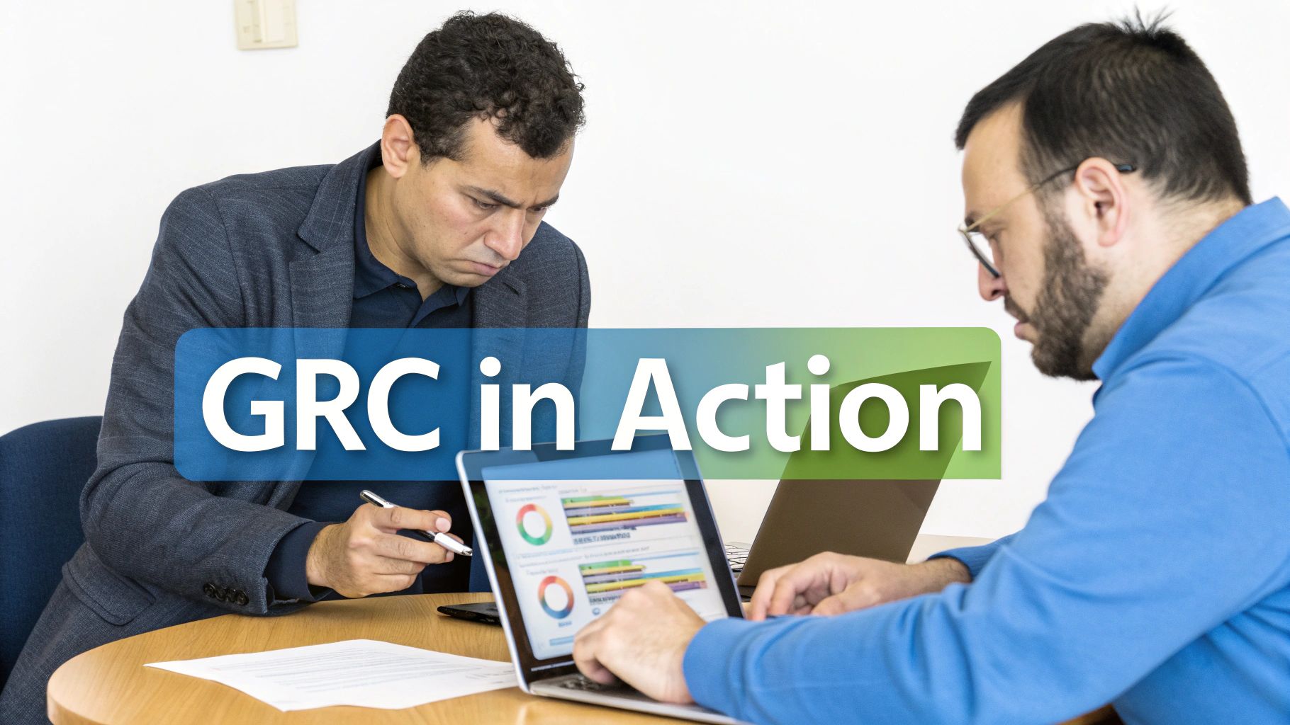 Two professionals review data on a laptop, illustrating Governance, Risk, and Compliance (GRC) in action.