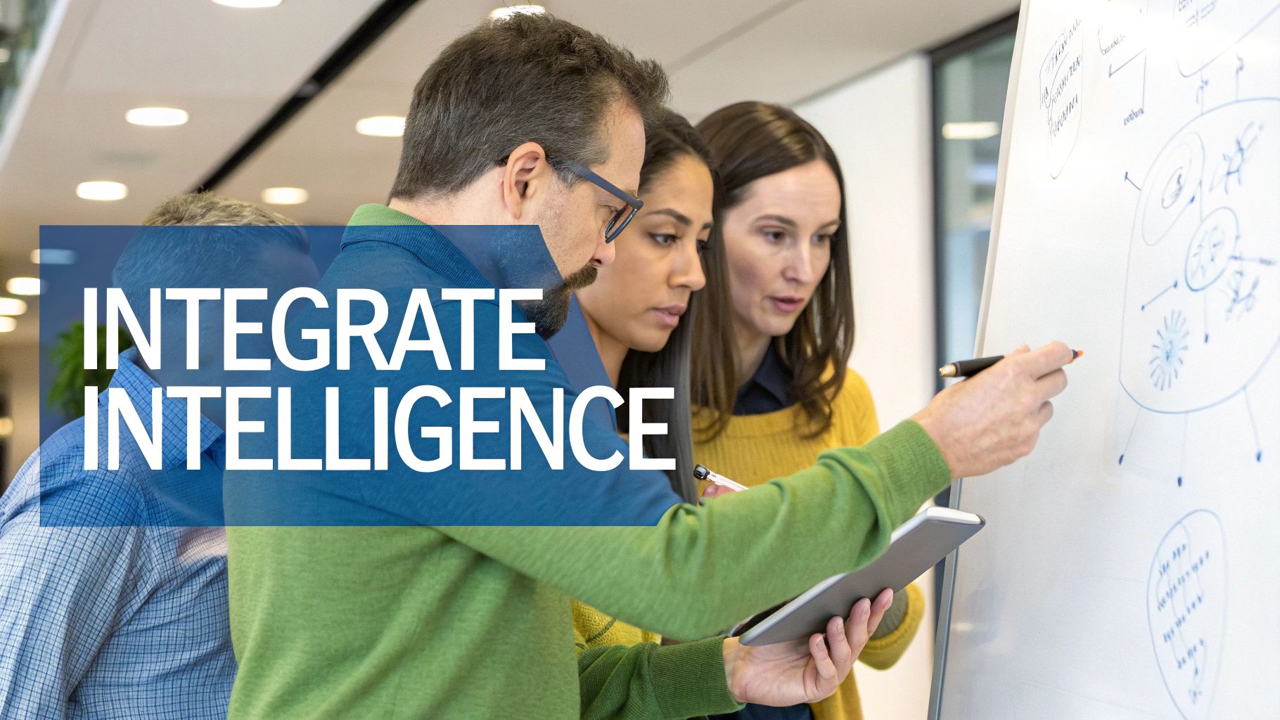 Three business professionals collaborate, discussing strategy and integrating intelligence on a whiteboard.
