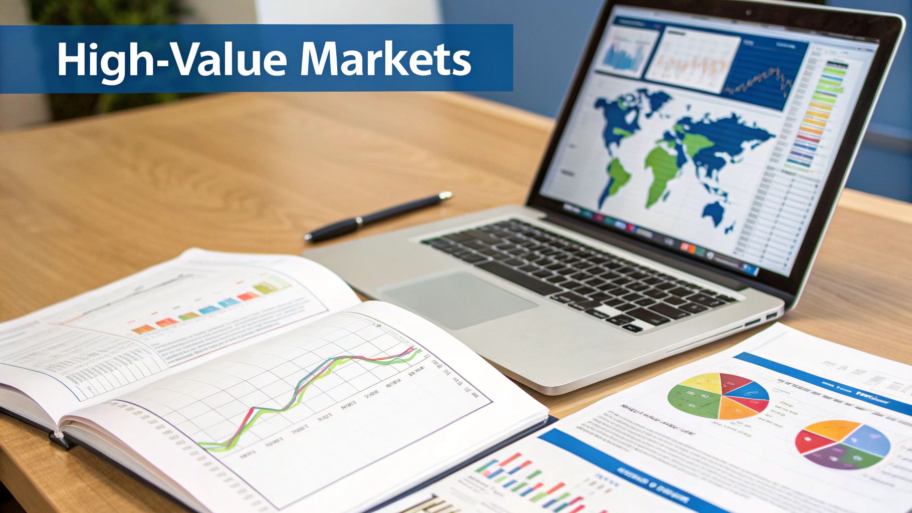 A magnifying glass hovering over a detailed map, highlighting specific commercial districts and growth areas, symbolizing market intelligence.