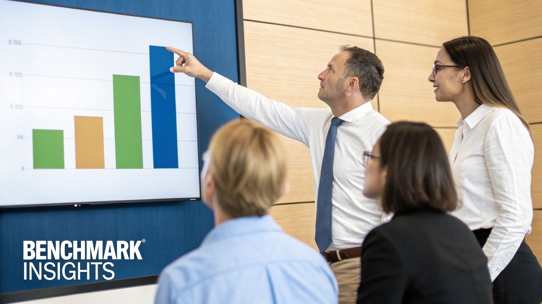 Business professionals discuss data, with a man pointing at a bar chart in a meeting room.