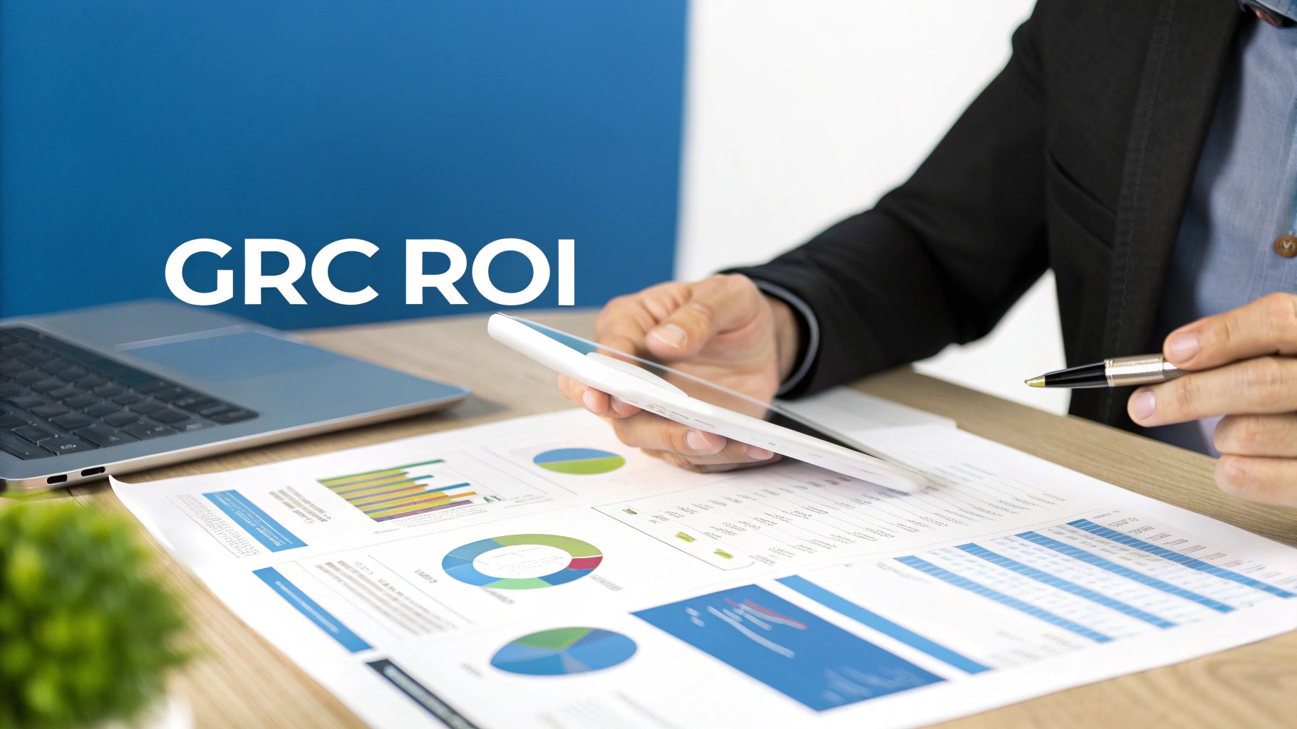 Professional reviewing GRC ROI data on a tablet and financial reports, signifying business analysis.