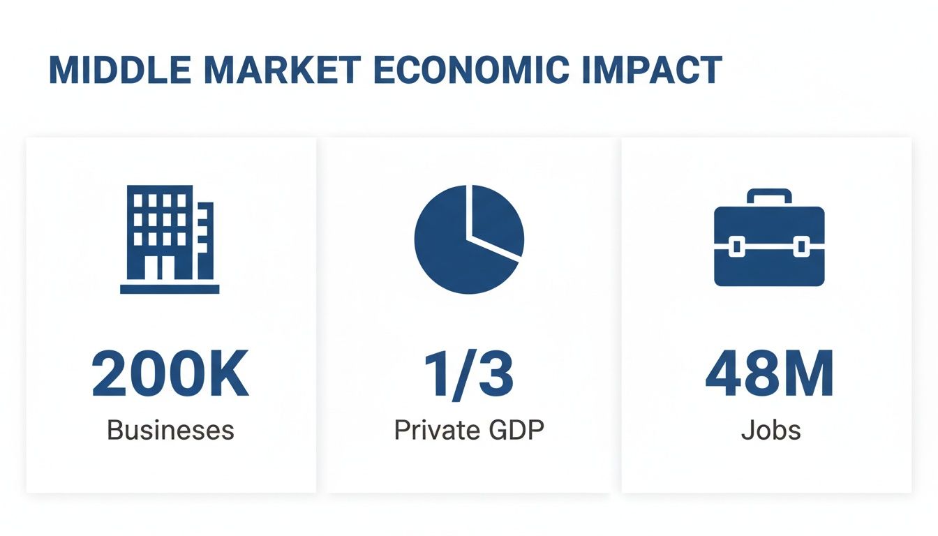 Infographic showing the economic impact of the middle market: 200K businesses, 1/3 private GDP, and 48 million jobs.