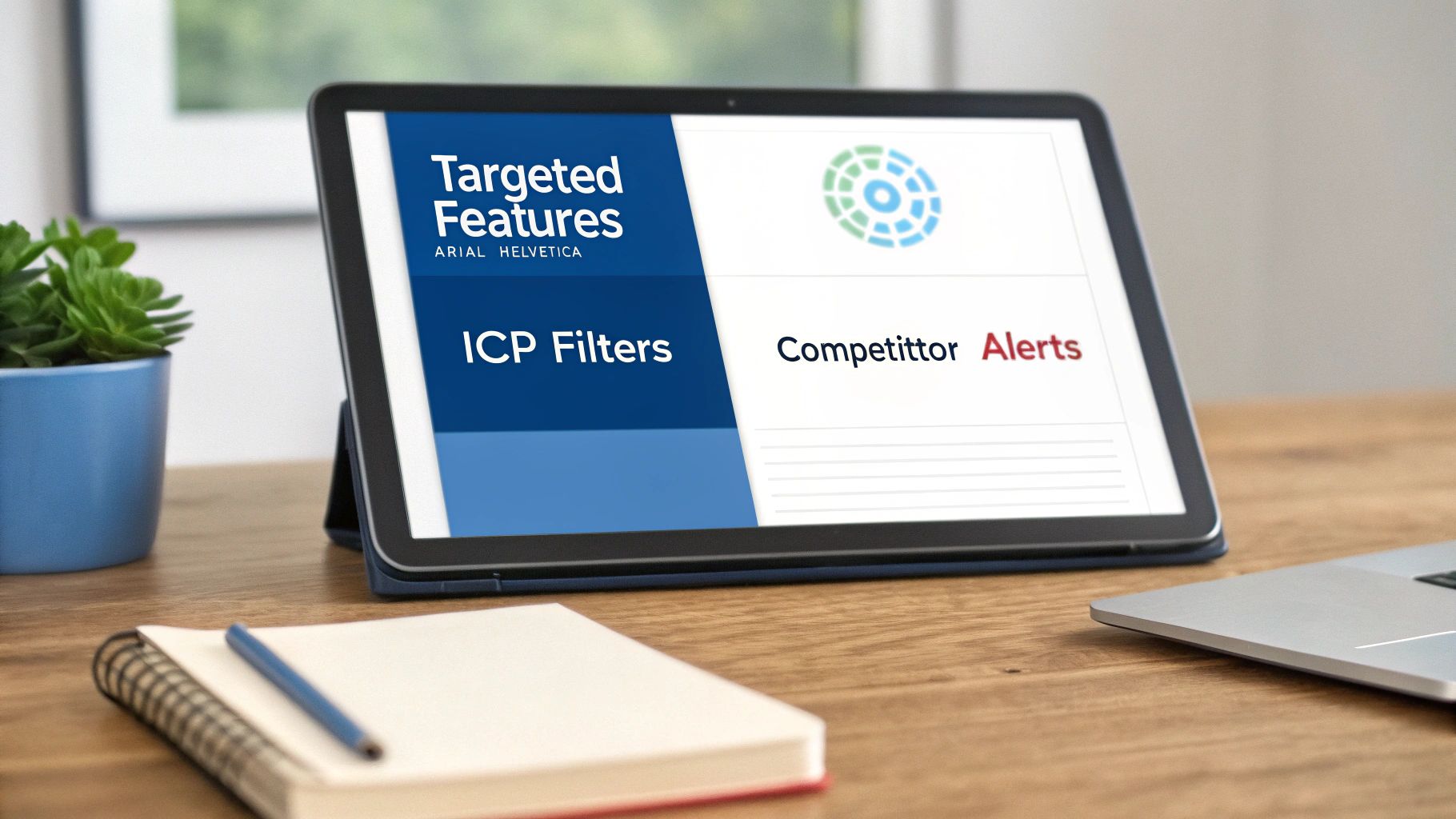 A tablet on a wooden desk displays 'Targeted Features', 'ICP Filters', and 'Competitor Alerts' alongside a plant and notebook.