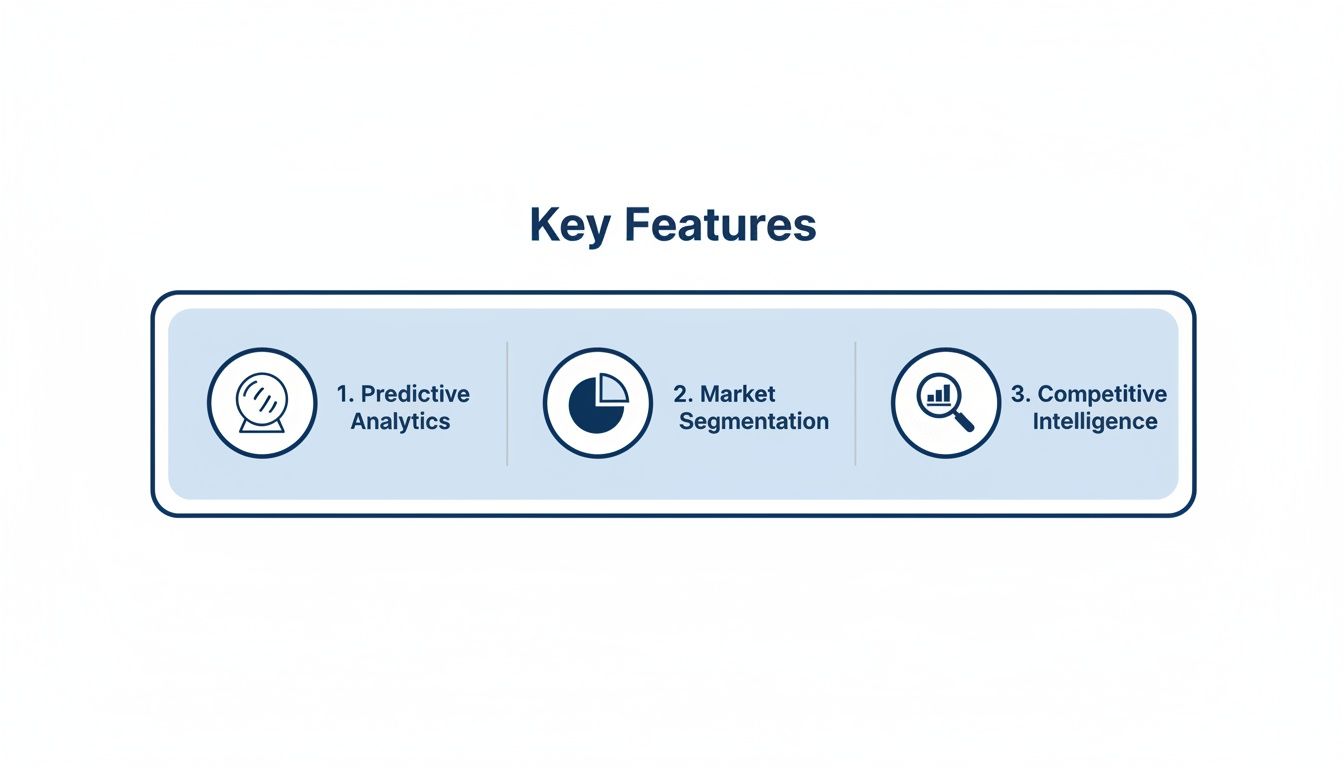 An infographic displaying key features: predictive analytics, market segmentation, and competitive intelligence.