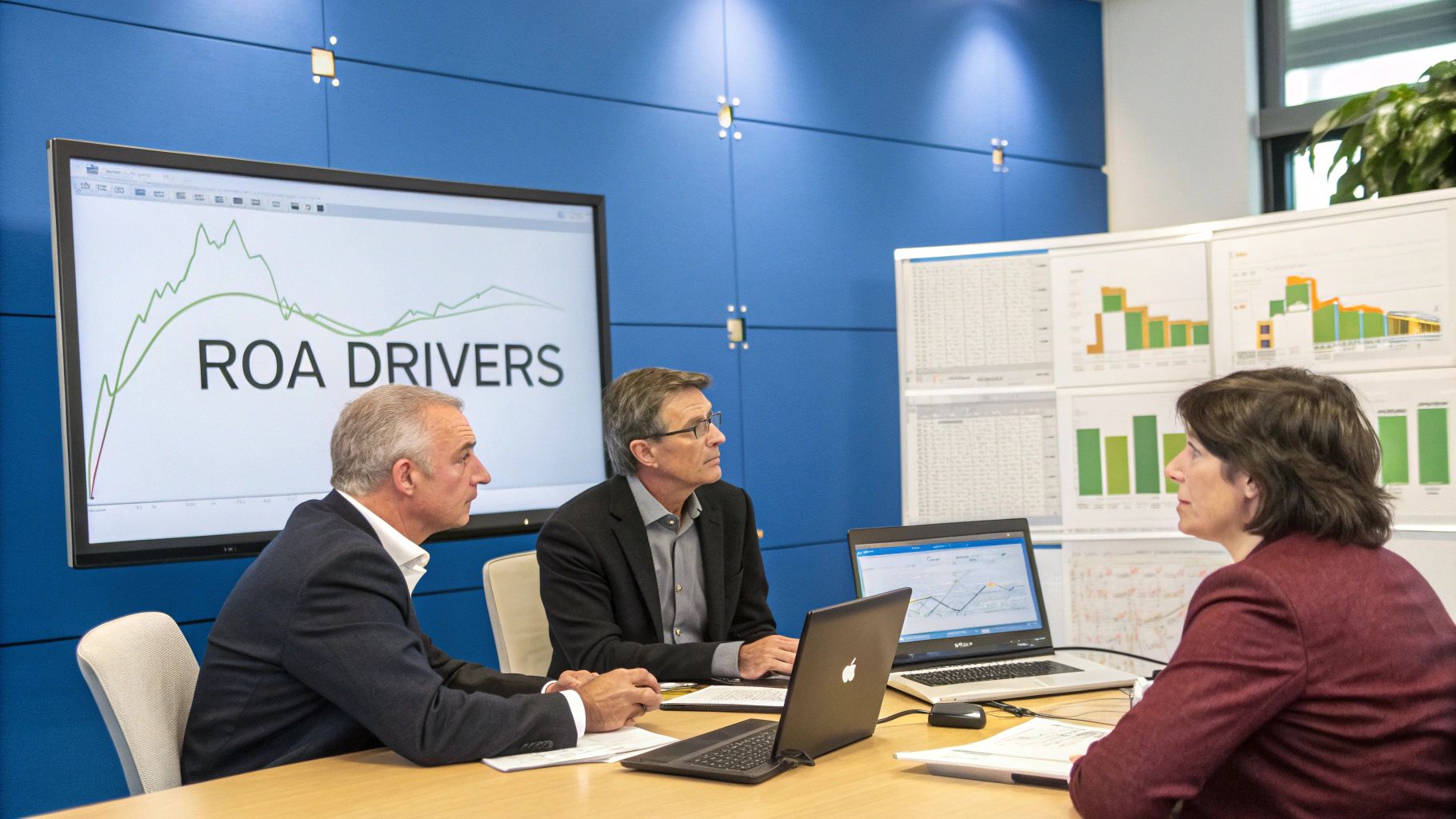 A person at a desk analyzing financial charts and data on multiple screens