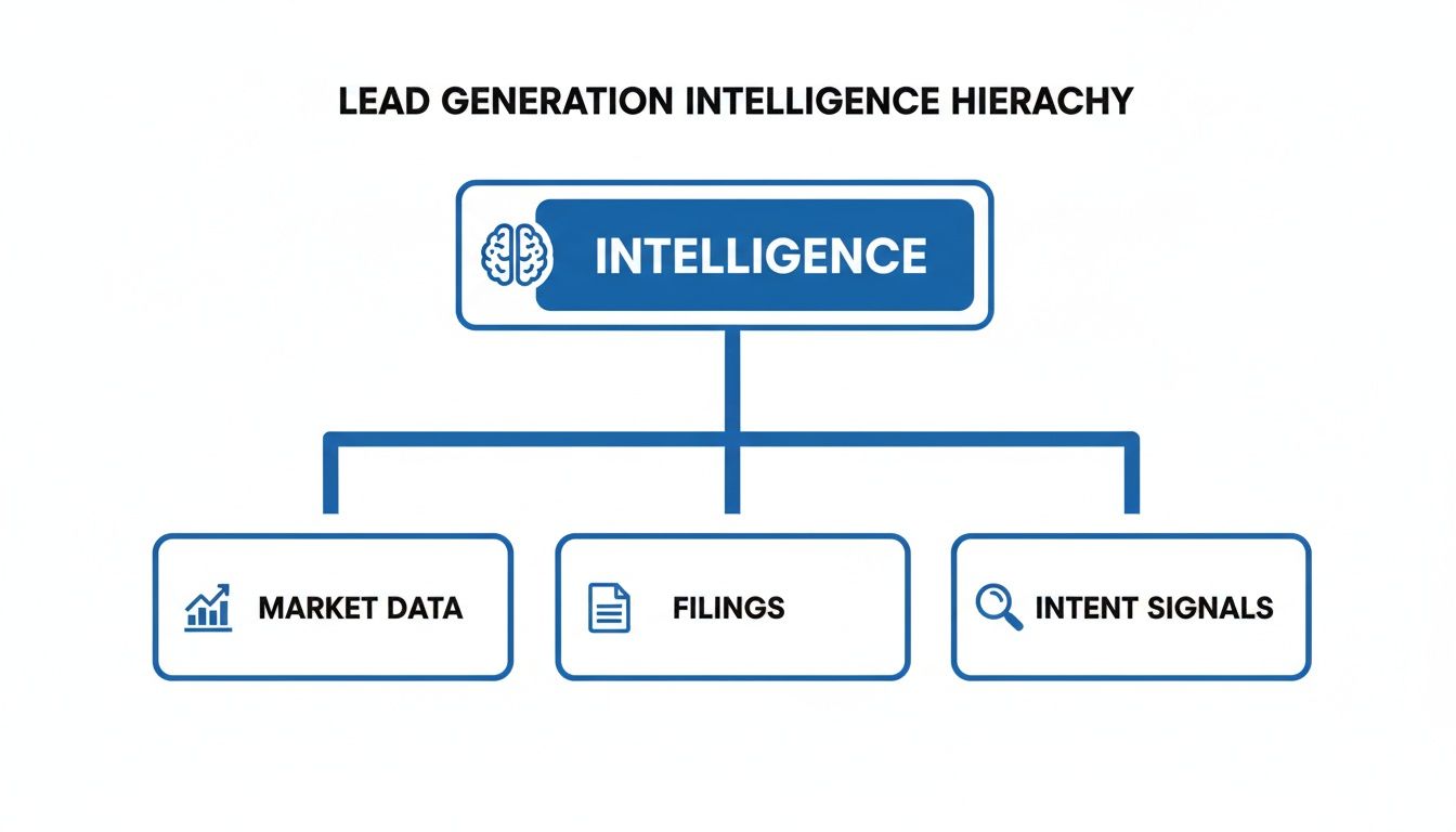 A lead generation intelligence hierarchy diagram showing intelligence branching into market data, filings, and intent signals.