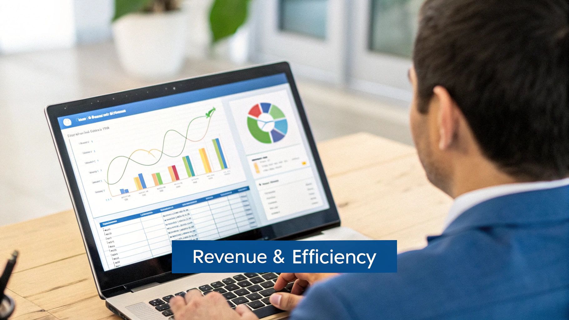 Bar chart showing increasing revenue and efficiency metrics