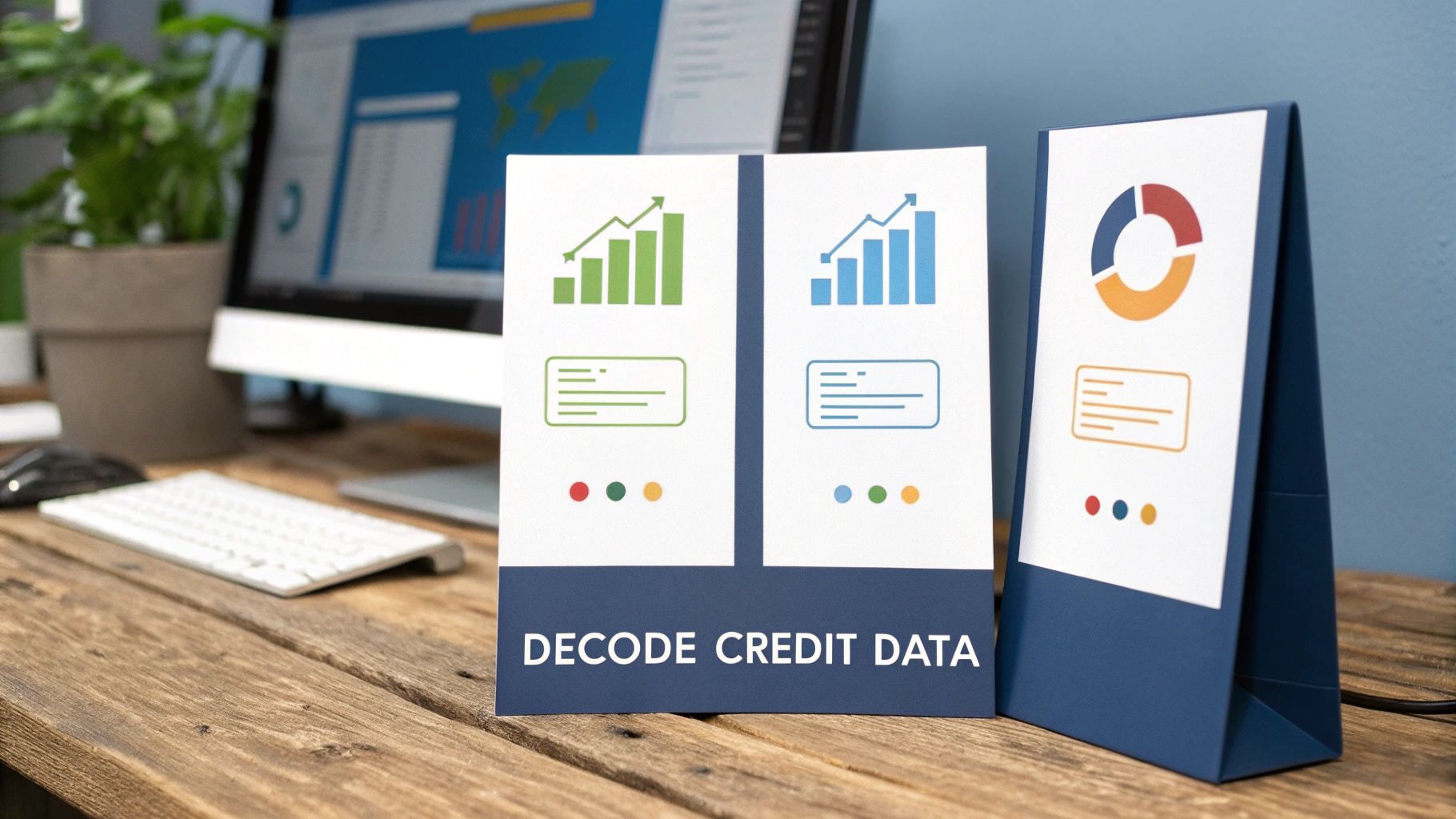 Two desk displays showing various data charts, graphs, and 'DECODE CREDIT DATA' text on a wooden desk with a computer.