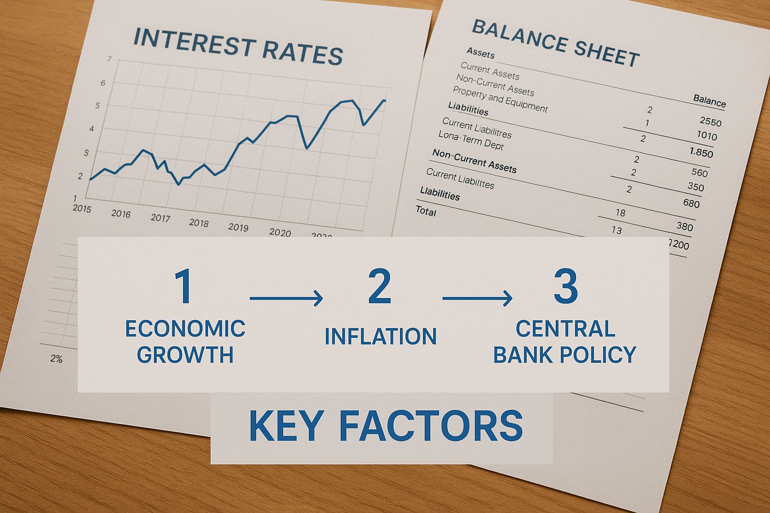 Infographic about net interest margins showing annotated charts and balance sheet pages on a table.