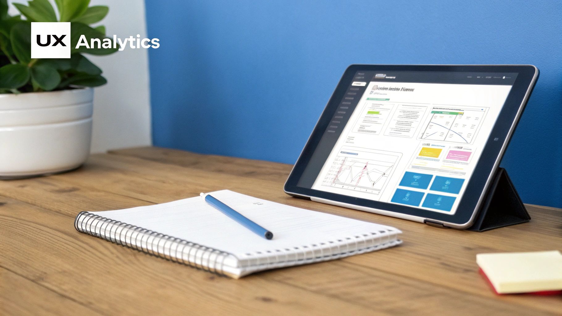 Tablet displaying UX analytics dashboard with data visualization charts and graphs on wooden desk