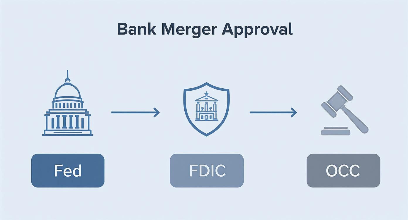Infographic showing the bank merger approval process flow through the Fed, FDIC, and OCC.