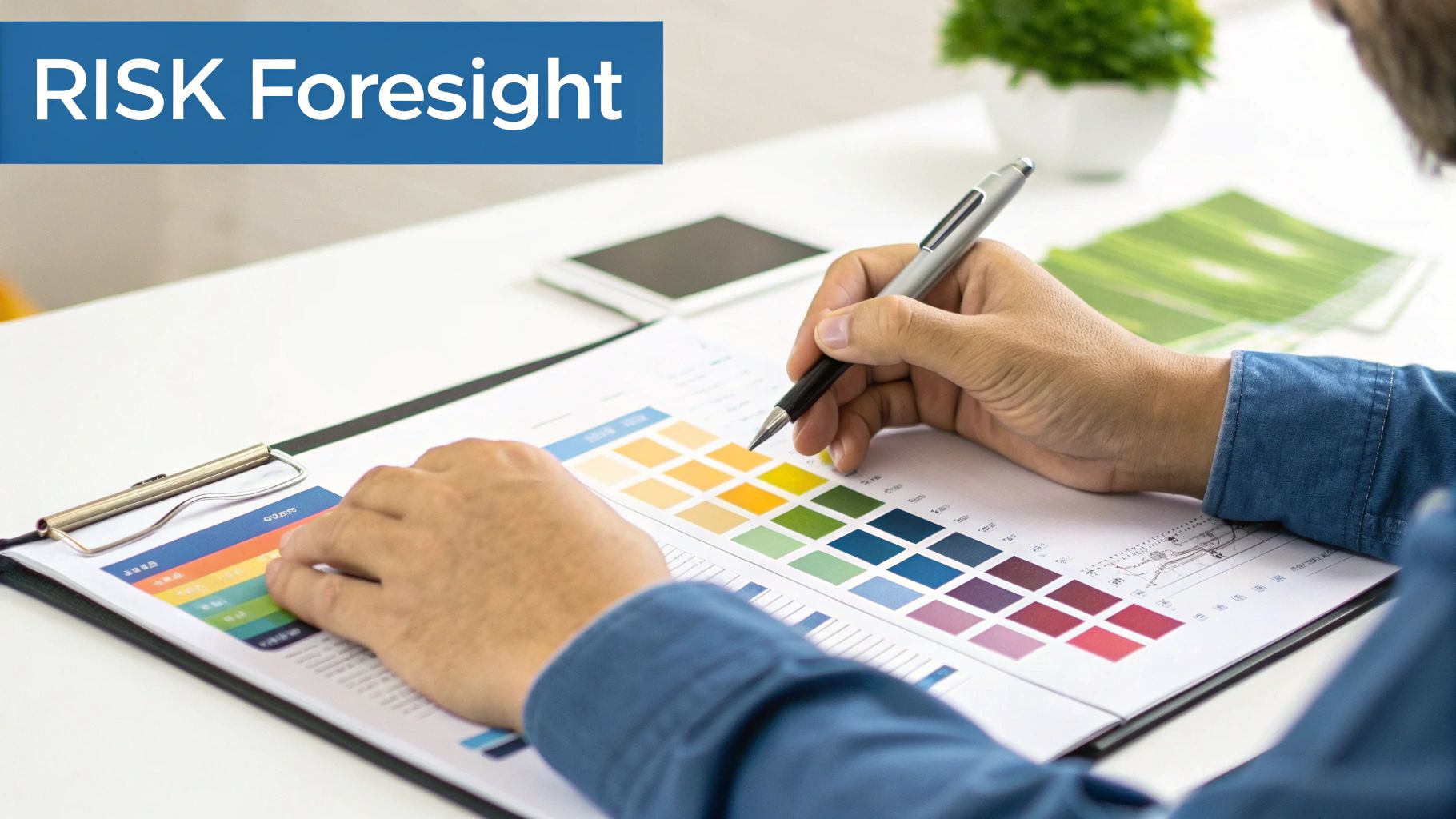 Hands analyzing color swatches and charts on a document with 'RISK Foresight' text overlay.