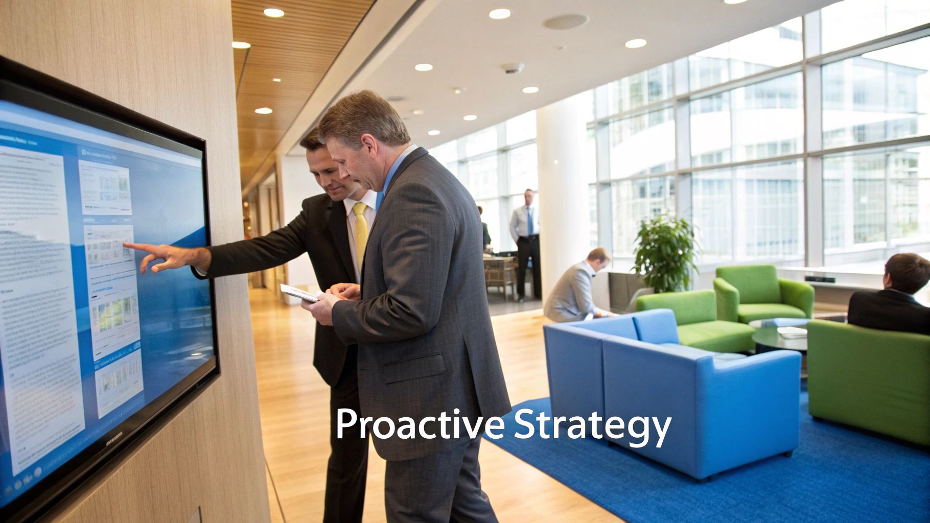 A professional image showing a team of bank executives reviewing data on a large digital screen.