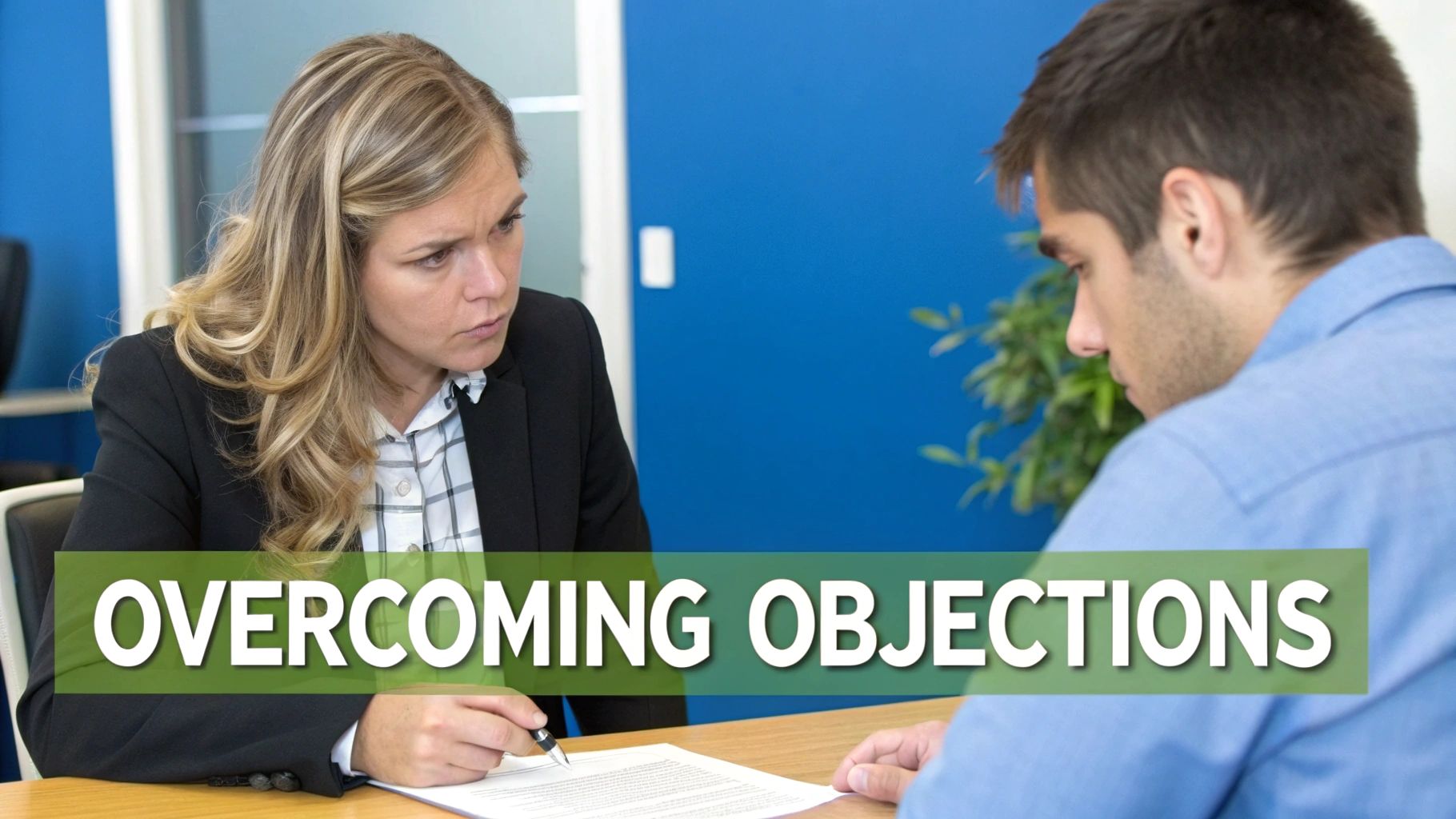 A serious businesswoman points at a document while discussing with a male client, text 'OVERCOMING OBJECTIONS'.