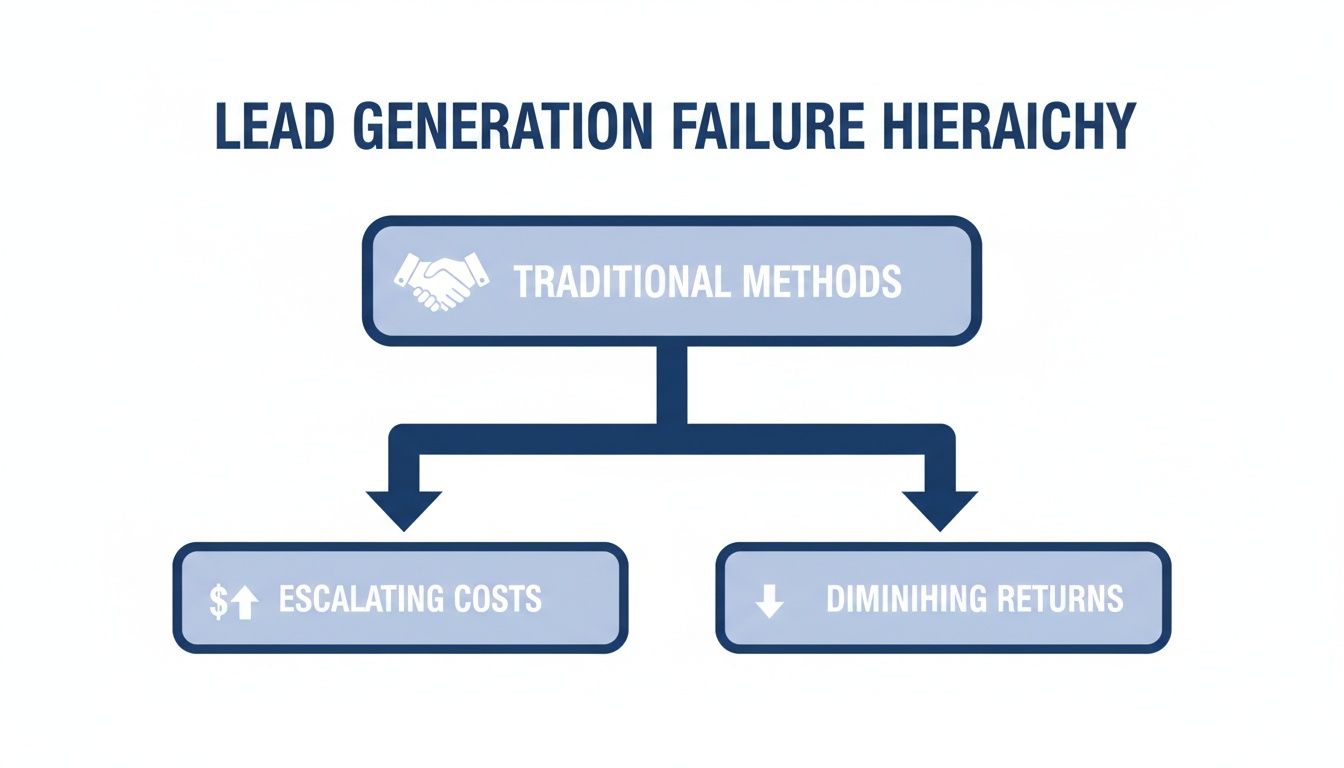 Hierarchy diagram illustrating traditional lead generation methods resulting in escalating costs and diminishing returns.
