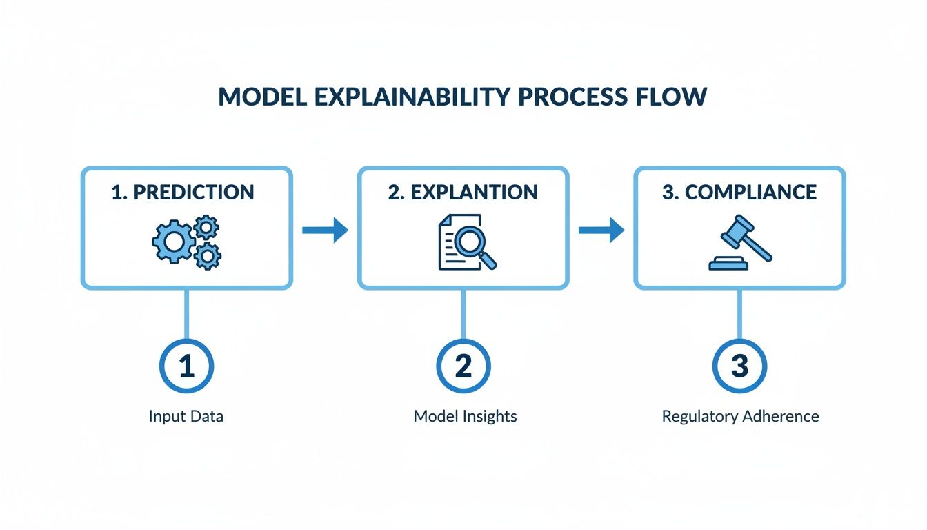 A three-step model explainability process flow diagram: prediction, explantion, and compliance for regulatory adherence.